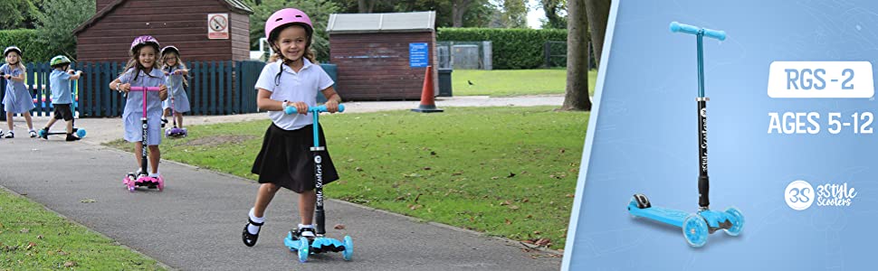 3Style Blue RGS-2 scooter, girl scooting in school playground