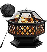 COSTWAY 81cm Outdoor Fire Pit with BBQ Grill, 2-in-1 Garden Patio Heater with Adjustable & 360° S...