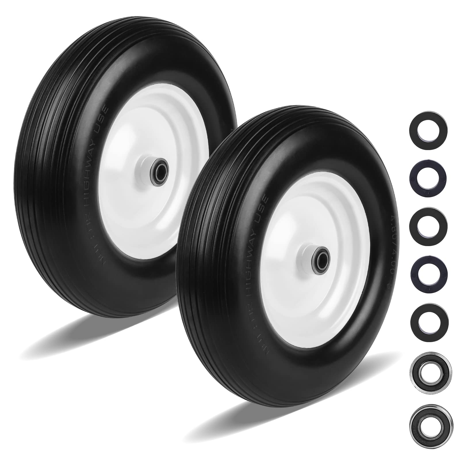 Eazy2hD 2 Pack 4.80/4.00-8 Flat-Free Wheelbarrow Cart 16" Solid Rubber Wheel Barrel Tires Non-Slip Center Hub 3.25"-6"