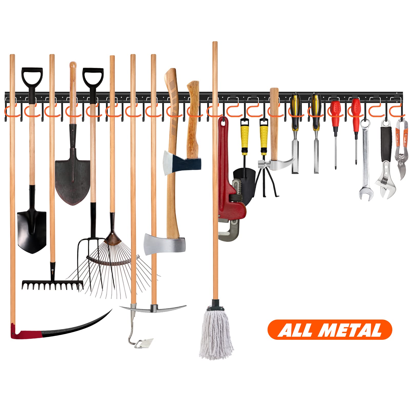 68'' All Metal Garden Tool Organizer Adjustable Garage Tool Organizer Wall Mount Garage Organizers and Storage with Heavy Duty Hooks Tool Hangers for Garage Wall