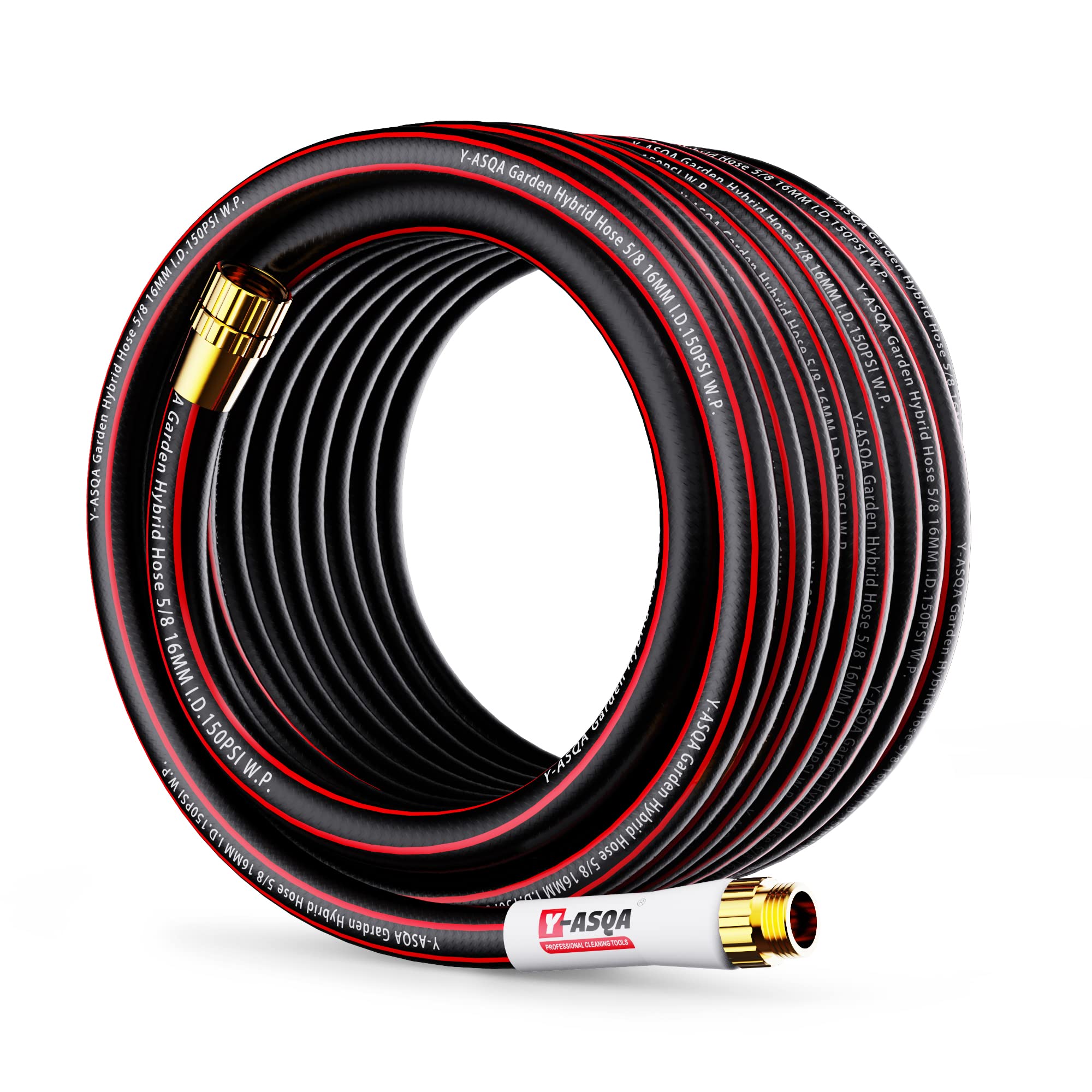 Y-ASQA rubber garden hose 5/8in 100 ft Premium Contractor Kink Free Woven Vinyl Black Coiled Heavy Duty Garden Water Hose