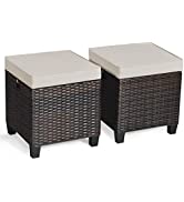 COSTWAY Set of 2 Rattan Footstools, Patio Wicker Ottoman Seat with Removable Cushion, Outdoor Lei...