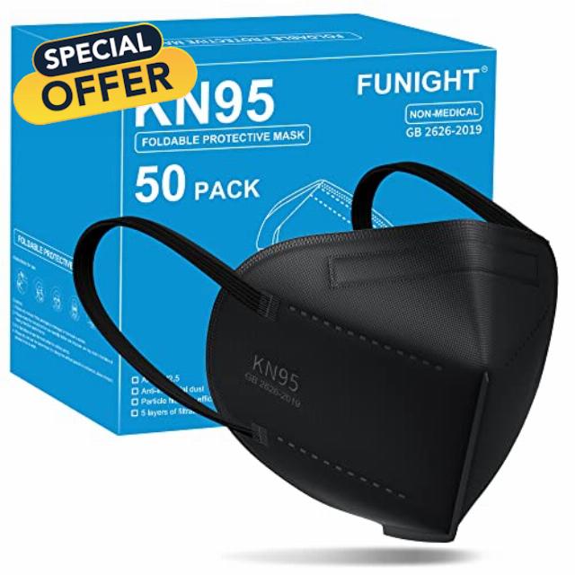 Funight KN95 Face Masks 50 Pack 5-Ply Breathable Filter Disposable Face Masks Black