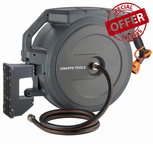 Giraffe Tools Retractable Hose Reel 5/8 inch x 90 ft PRO Metal Bracket Wall Mounted Garden Hose Reel Heavy Duty with Automatic Rewind