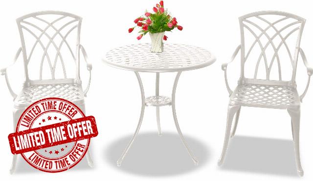 Centurion Supports OSHOWA Luxurious Garden & Patio Table & 2 Large Chairs with Armrests Cast Aluminium Bistro Set - White