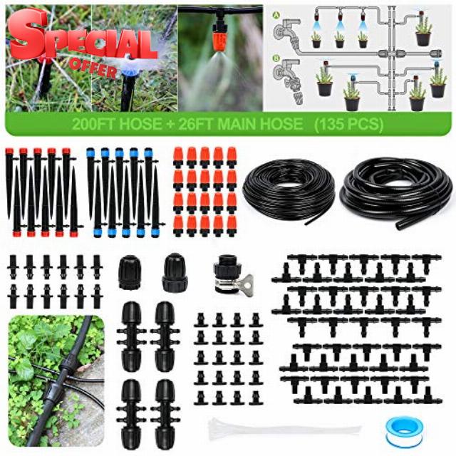 MIXC 226FT Greenhouse Micro Drip Irrigation Kit Automatic Irrigation System Patio Misting Plant Watering System with 1/4 inch 1/2 inch Blank Distribution Tubing Hose Adjustable Nozzle Emitters Sprinkler Barbed Fittings