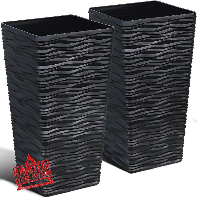 Worth Garden 2-Pack Black Tall Planter - Plastic Square Tapered Plant Pots for Indoor Outdoor - 22" H. Tree Planter - Modern Wavy Finish Decorative Flower Pots for Front Porch Containers Patio Deck