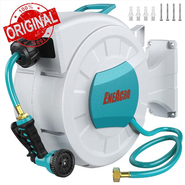 ENEACRO Retractable Garden Hose Reel with Wall Mount 1/2"×100ft with 9 Pattern Hose Nozzle