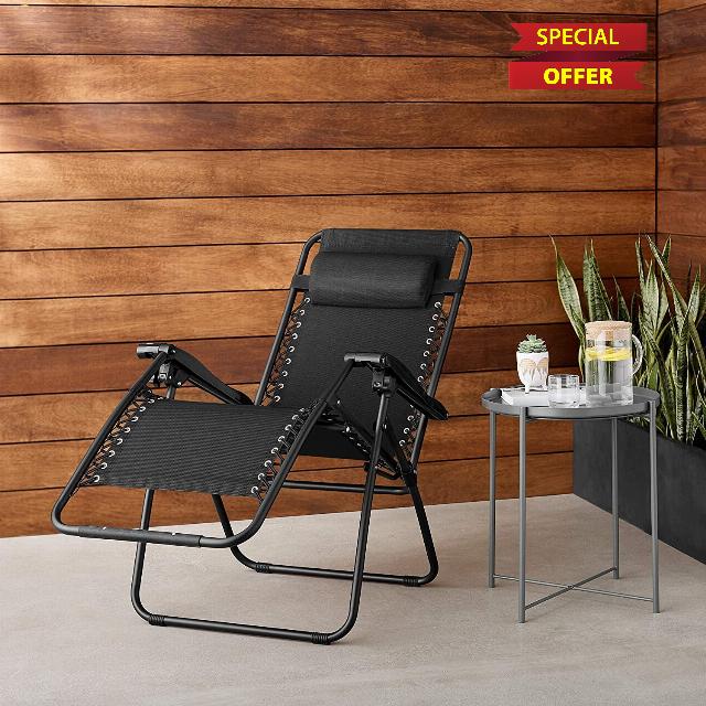 Amazon Basics Outdoor Textilene Adjustable Zero Gravity Folding Reclining Lounge Chair with Pillow