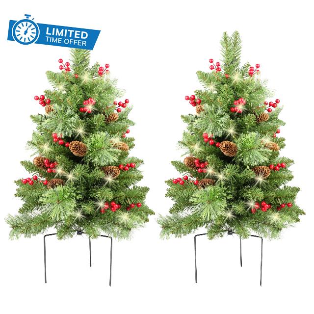 HomeKaren Christmas Tree 30 inch Prelit 2 Set Pathway Porch Christmas Trees Pre-Light LED Battery Operated Outdoor Xmas Decor for Entrance Driveway