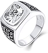 JO WISDOM Men's Ring 925 Sterling Silver Classical Plain Signet 8 * 8mm Black Cubic Zirconia Wide...