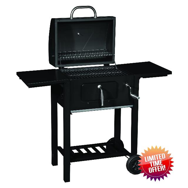 Charcoal Trolley Grill Barbecue With Warming Rack and Two Way Foldable Shelves