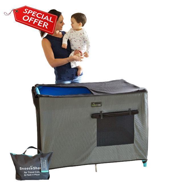 SnoozeShade Travel Cot Blackout Cover and Sleep Canopy | Air-permeable mesh | Cat and mosquito net | Blocks 94% of ligh