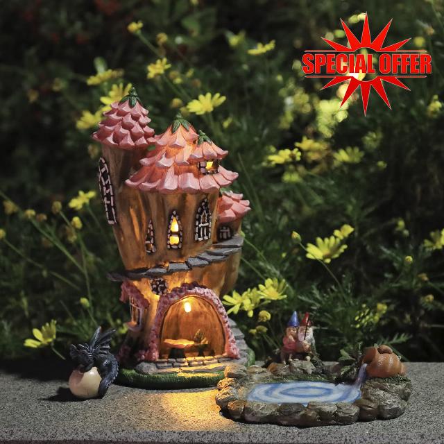 LA JOLIE MUSE Fairy Garden Gnome Accessories Kit - Hand Painted Miniature Solar Powered Fairy House Dragon Figurine Set of 4 pcs