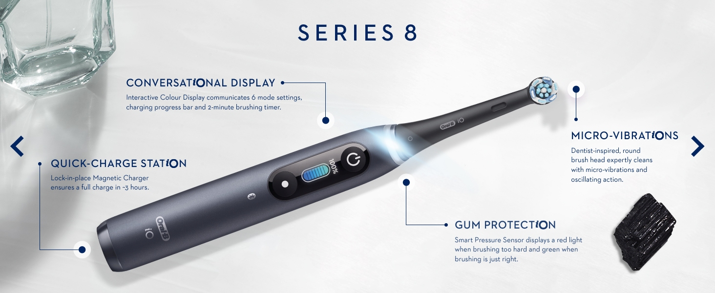 Oral-b iO8 Conversational display, quick charge, micro vibrations & gum protection