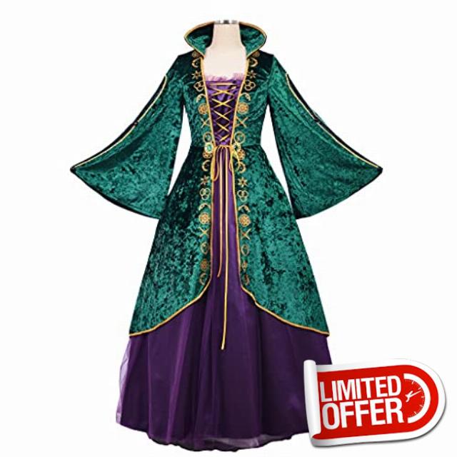 Women Medieval Witch Cosplay Costume Dress Green Witch Robe Dress Halloween Carnival Costumes