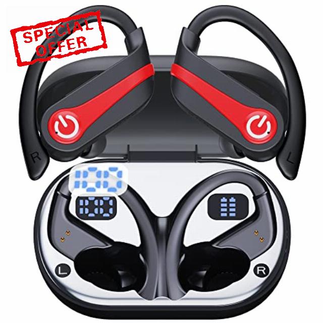 Bluetooth Earbuds 5.3 Sports Wireless Earbuds with Earhooks 2023 NEW Bluetooth Wireless Headphones Over-Ear 120H Playtime with Dual LED Display Red Earphones Deep Bass Bluetooth Ear buds for Workout