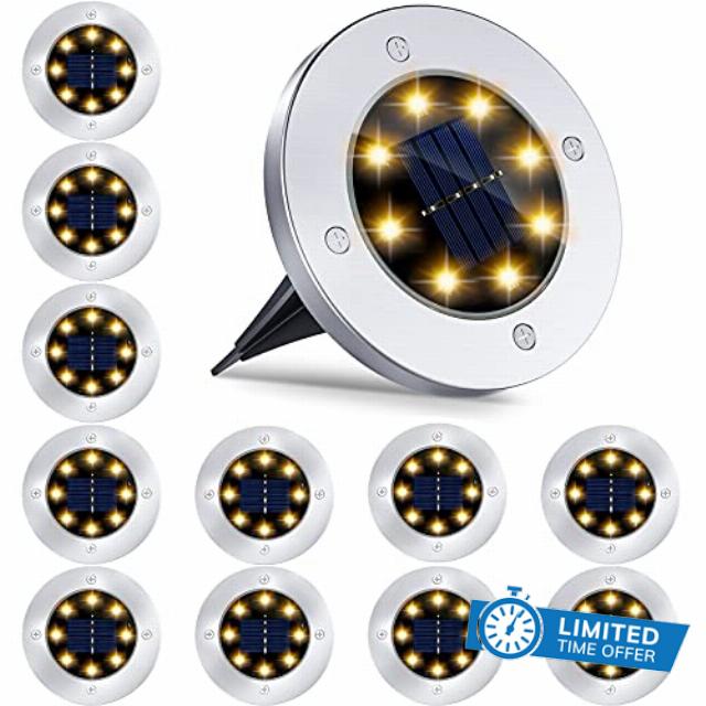 Solar Ground Lights - 12 Pack 8LED Solar Garden Lights Outdoor Waterproof Sidewalk Disk Bright In-Ground Landscape Lighting for Lawn Patio Pathway Yard Steps Deck Walkway Light (Warm White) (12 Packs)