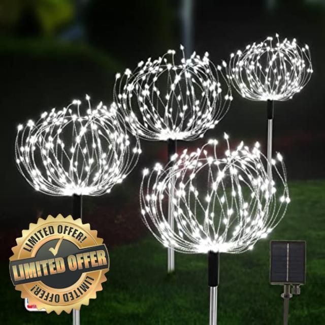 Solar Garden Fairy Lights 4 Pack 120 LED 30 Copper Wire Outdoor Firework Landscape Path String Lights Waterproof 8 Lighting Modes Remote Control for Backyard Christmas Party Decorative (White)