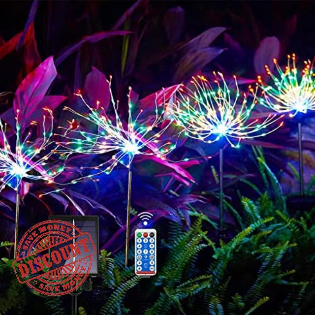 Rolesde Solar Garden Lights Led Fireworks Yard Pool and Outdoor Decor Lights for Celebration Party with Remote Control 4 Packs 480 LEDs 8 Lighting Modes (Multi_Color)