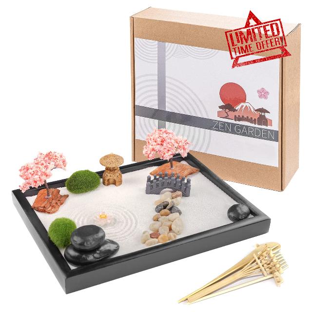 Mifine Mini Zen Garden for Desk - Japanese Zen Garden Accessories Kit with Bamboo Tools