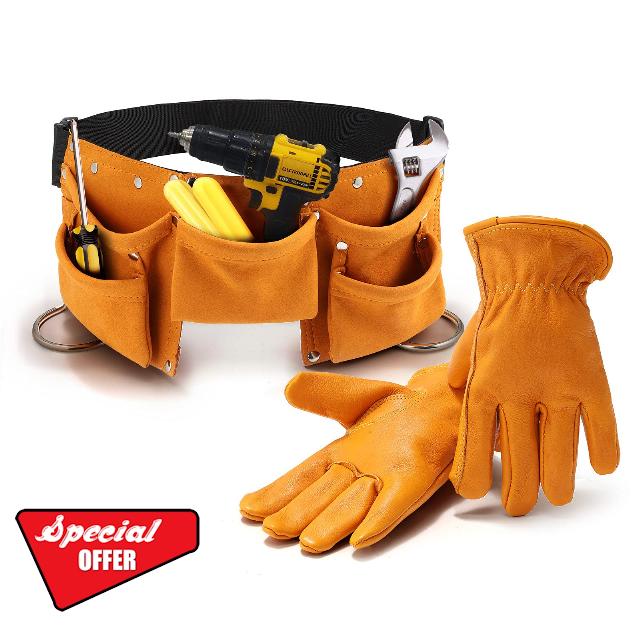 Adjustable Leather Tool Belt and Work Gloves Set for Men and Women for Wood Cutting/Construction/Truck Driving/Garden/Yard Work(Small)
