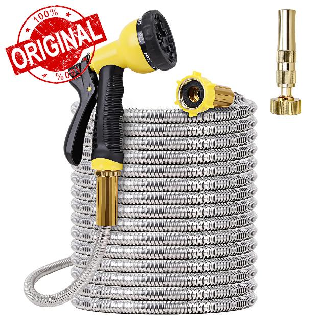 Metal Garden Hose 25FT- Stainless Steel Heavy Duty Water Hose with Solid Metal Nozzle &8 Function Sprayer