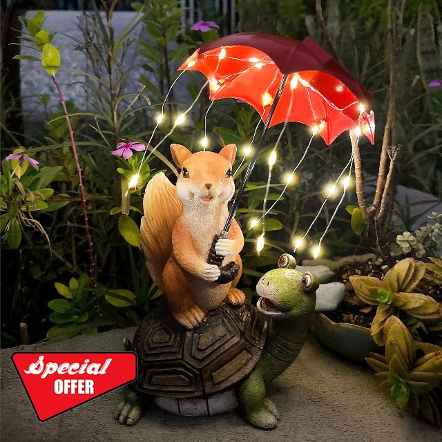 BINFENNY Solar Garden Statues Outdoor Decor - Squirrel Standing on Turtle Holding Umbrella with String Lights Outdoor Waterproof Anamial Ornaments for Patio Lawn Yard Decoration Housewarming Gift