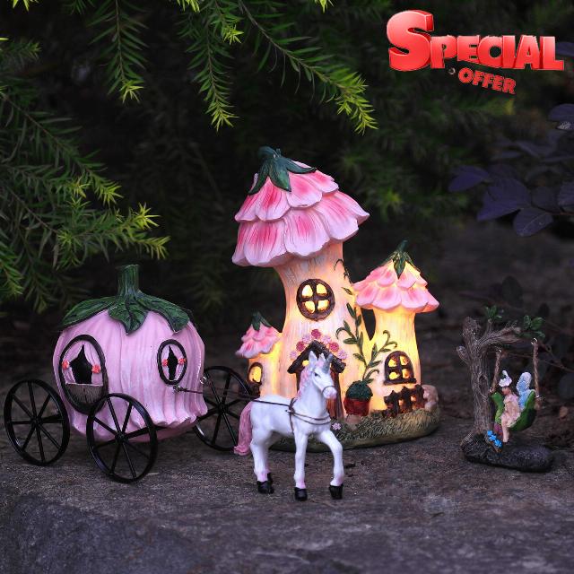 LA JOLIE MUSE Resin Fairy Garden - Miniature Floral Roof Cottage with Solar LED Lights