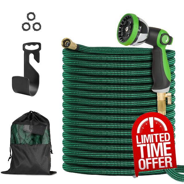 TVKB Garden Hose Expandable Hose Flexible Water Hose with 10 Function Spray Nozzle Water Pipe with Solid Brass Connector Lightweight Expanding Hose for Watering and Washing (100ft)