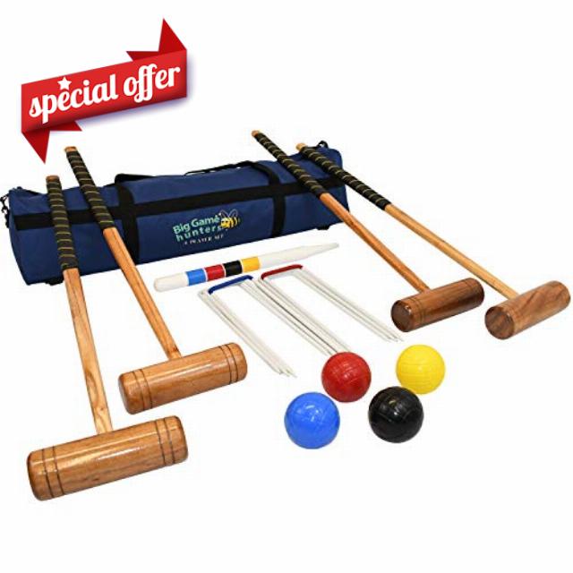 Big Game Hunters Croquet Set - Full Size 4 Player Set with Hardwood Mallets
