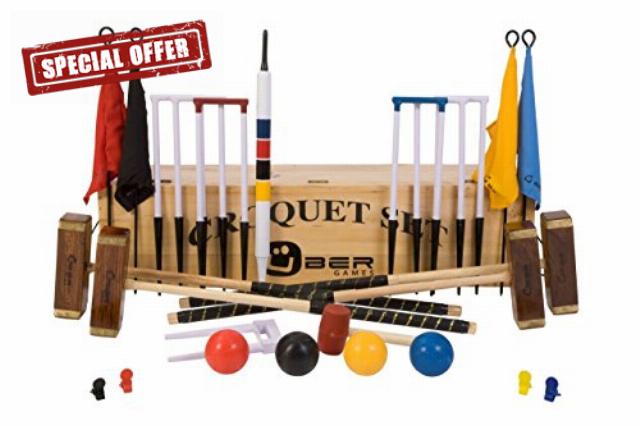 Championship Croquet Set with Wooden Box - Contains 2 sizes of rosewood mallet; 2 x 34” and 2 x 38.” The set also includes 4 16oz composite balls