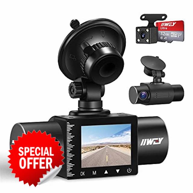 iiwey Dash Cam Front Rear and Inside Three Channels 1080P with IR Night Vision