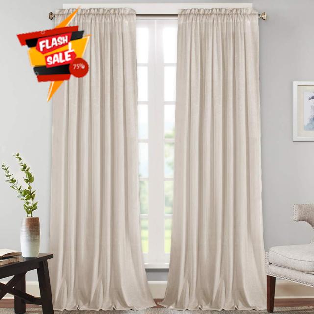 Linen Curtains Natural Linen Blended Rod Pocket Panels Light Reducing Privacy Panels Drapes for Living Room Energy Saving Window Treatments Draperies for Bedroom 2 Panels (Angora
