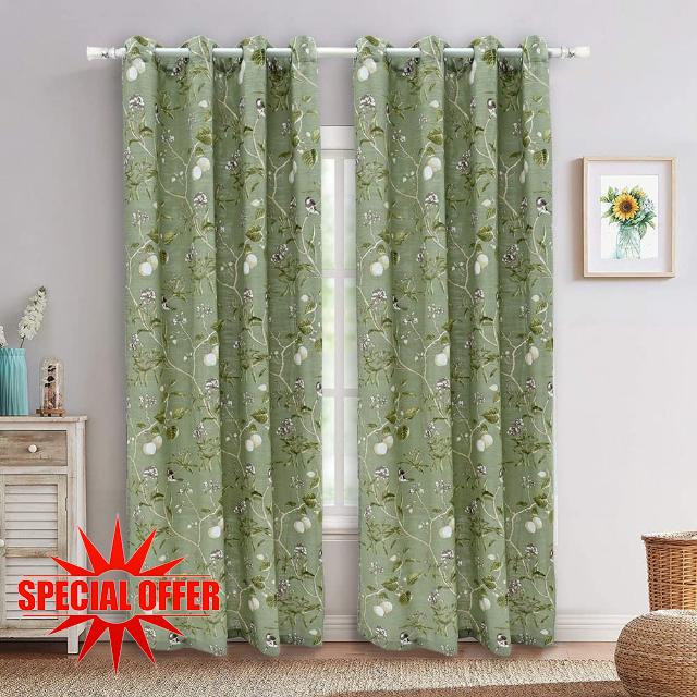 KMSG Green Farmhouse Vintage Printed Floral Birds Patterns Extra Wide Curtains for Sliding Glass Door Decorative Patio Door Panel Window Drapes for Living Room/Bedroom 2 Panels W52 x L84 Inch