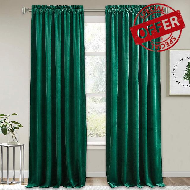 RYB HOME Emerald Green Velvet Curtains 96 inches - Room Darkening Velvet Curtains Privacy Thermal Insulated Window Treatment for Bedroom Dining Living Bedroom Nursery