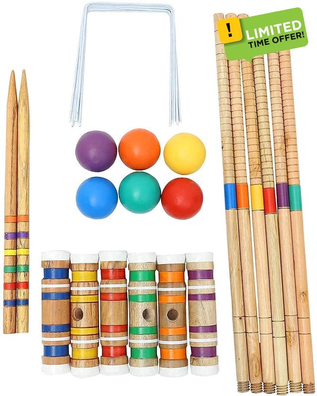 SZDYQ Six Player Croquet Set with Premium Hardwood Mallets Colored Wooden Balls Wickets Stakes for Adults Kids Use Outdoor Sports Yard Lawn Backyard Game Se