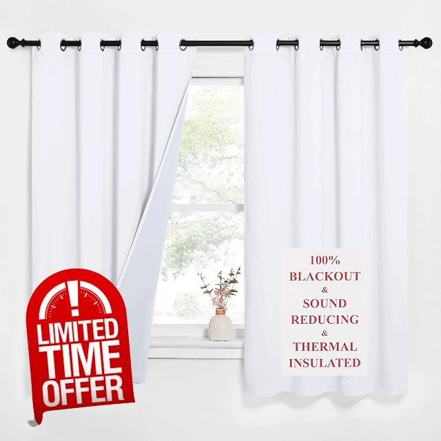 NICETOWN Sound Blocking White 100% Blackout Lined Curtains