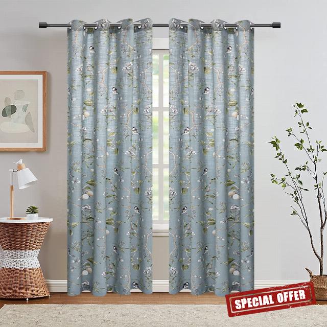KMSG Blue Farmhouse Vintage Printed Floral Birds Patterns Extra Wide Curtains for Sliding Glass Door Decorative Patio Door Panel Window Drapes for Living Room/Bedroom 2 Panels W52 x L84 Inch