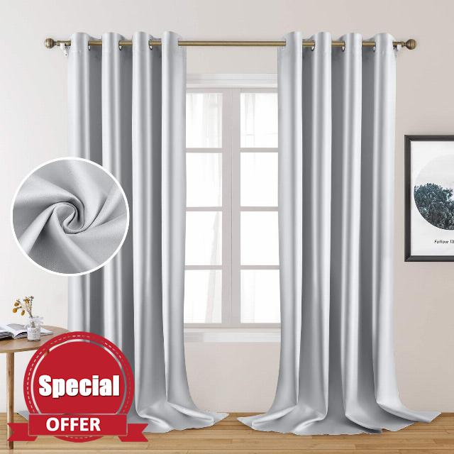 HOMEIDEAS 2 Panels Faux Silk Curtains Greyish White Blackout Curtains 52 X 108 Inch Drop Room Darkening Curtains for Bedroom