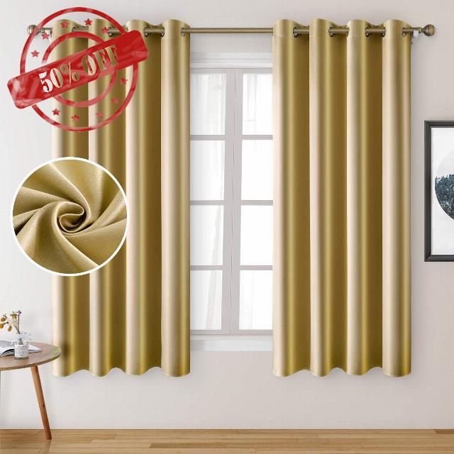 HOMEIDEAS 2 Panels Faux Silk Curtains Gold Blackout Curtains 52 X 63 Inch Drop Room Darkening Curtains for Bedroom