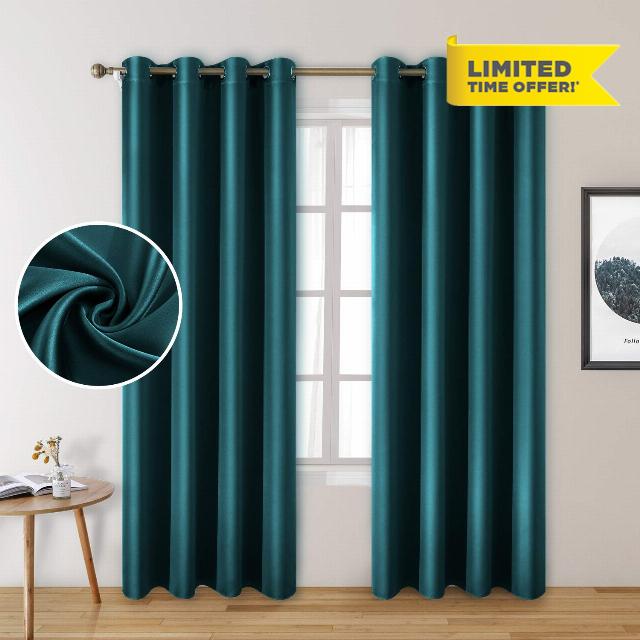 HOMEIDEAS Faux Silk Curtains Teal Blackout Curtains 52 X 96 Inch Drop Room Darkening Satin Curtains for Bedroom