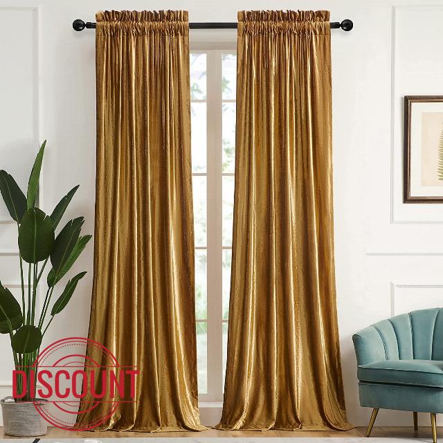 SANCHUNG Gold Velvet Curtains for Living Room Blackout Thermal Insulated 2 Panels Rod Pocket Darkening Drapes 90 Width x 90 Length Inch for Bedroom