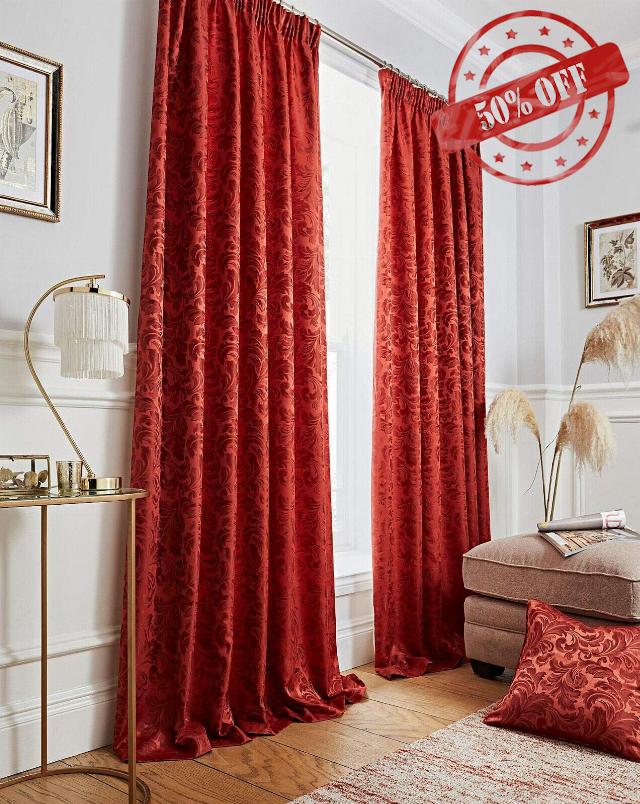 kellyuk Buckingham Terracotta Jacquard Damask Tape Top Pair Of Curtains - 65'' x 90'' (165cm x 229cm)