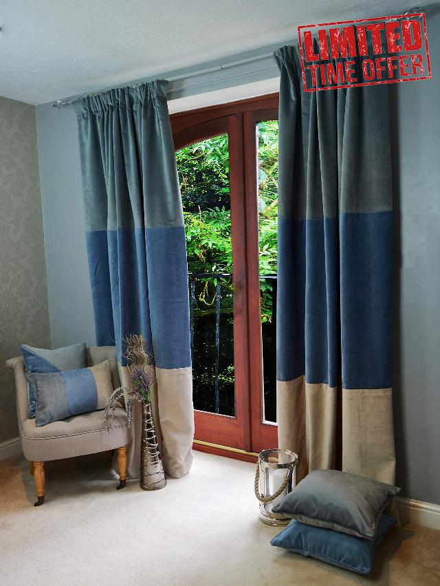 McAlister Textiles Patchwork Velvet Curtains 2 Panels | Blue