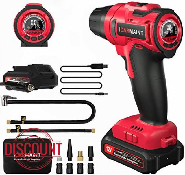 ICARMAINT 12V Tyre Inflator Cordless Air Compressor Portable 140PSI Rechargeable 2600mAh Tyre Pump Electric for Cars Motorcycles Bicycles Balls Air Pump Car with Digital LCD Pressure Gauge and LED