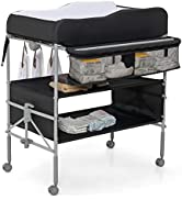 GYMAX Folding Baby Changing Table with Bathtub, Portable Newborn Bath Table and Dresser Unit with...