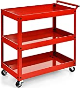 COSTWAY 3 Tiers Tool Trolley, Heavy Duty Service Cart with Lockable Wheels, Rolling Workshop DIY ...