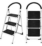 COSTWAY 3 Step Ladder, Folding Anti Slip Stepladder with Extra Wide Platform, Safe Lock and Hand ...