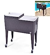 TANGZON 76L Rolling Cooler Cart, Rattan Ice Chest Cart Trolley with Lockable Casters, Handles, Bo...